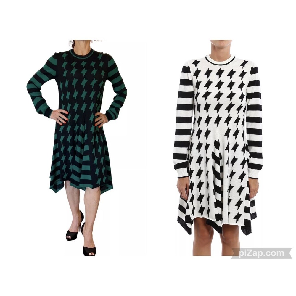 MSGM Italy Sweater Dress Wool Knit Fit Flare Black Green Long Sleeve Stripe M